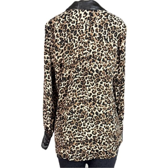 Ellen Tracy L Animal Print Button Collar Faux Leather Trim Long Sleeve Blouse - Picture 4 of 6